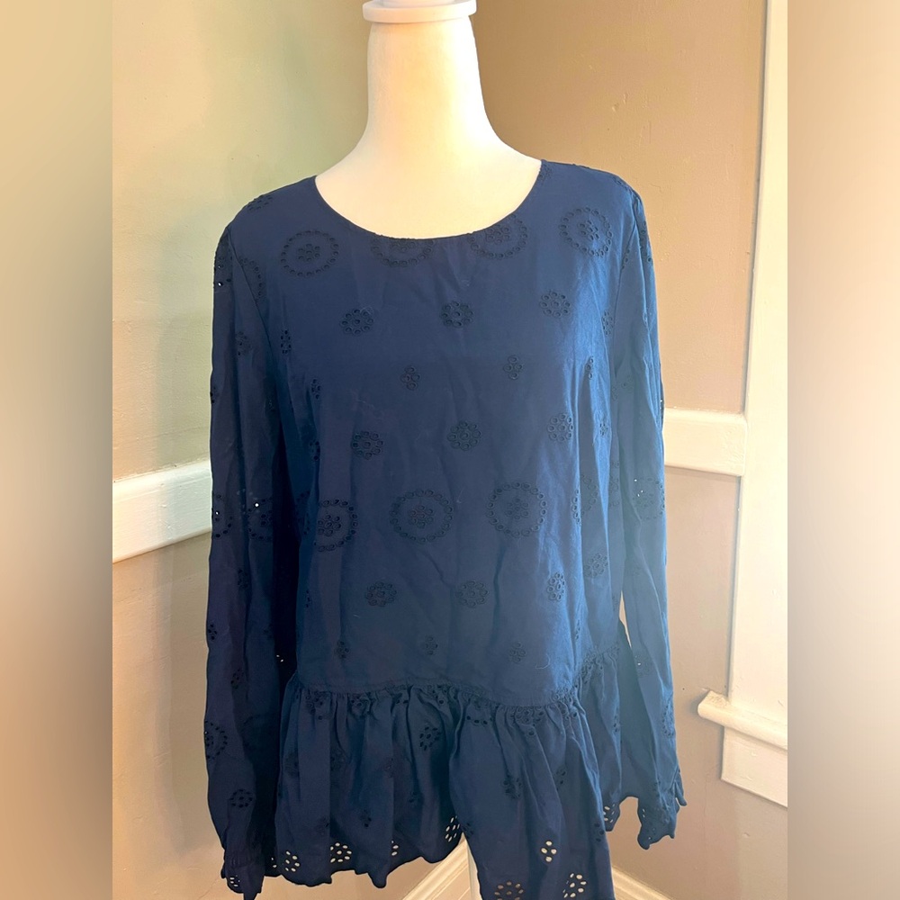 Royal Blue Crown & Ivy peplum blouse with beautiful cut out details and ruffles